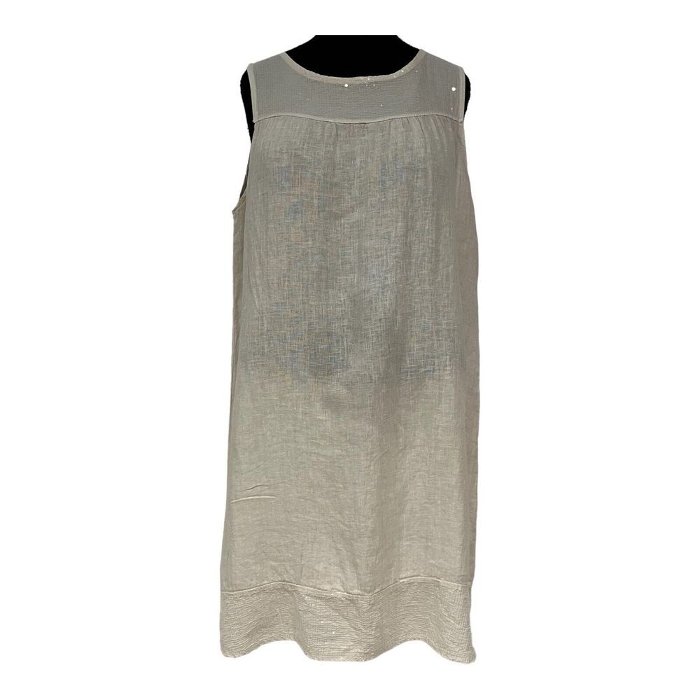 Via SIGNORIA Women's Day Dress Beige Sequins Sleeveless 100% Linen Italy Size M‎